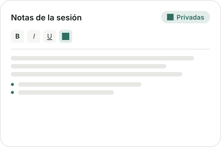 Editor de notas privadas de la sesión con opciones de formato